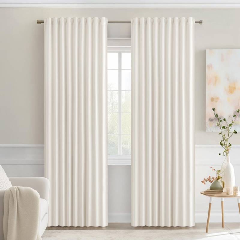 lot 46725 image: Ivory Back Tab Blackout Curtains 90 Inches Long 2 Panels Set for Living Room Bedroom Privacy, Rod PocketPinch Pleat Thermal Insulated Room Darkening Pleated Light Blocking Drapes - Retail $37