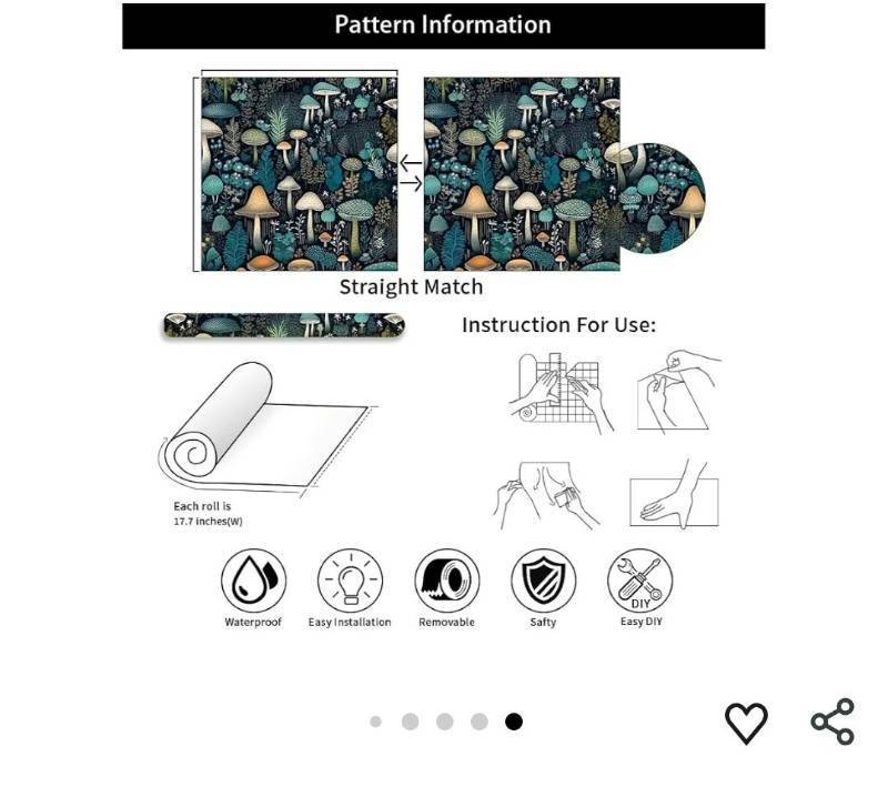 lot 46742 image: GreenBlueWhite Mystic Vintage Mushroom Forest Plants Peel and Stick Wallpaper Stick on Contact Paper wall Paper Easy Peel Off for nightstand Drawer Cabinet Renter SOME DAMAGE - Retail $20