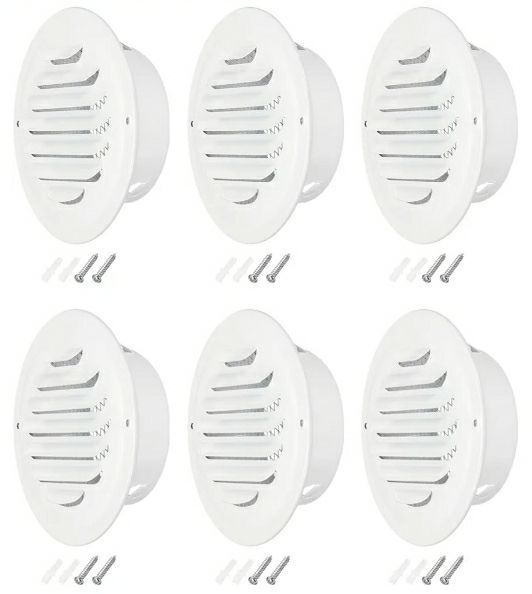 lot 58519 image: 4 Inch Round Soffit Vent, 6 Pcs Stainless Steel Wall Vent Grille Cover Exterior Exhaust Louvered Vent with Built-in Mesh for Kitchen Bathroom Garage, White - Retail $35