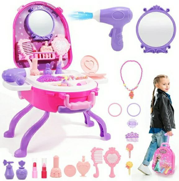 lot 58520 image: 4-in-1 Girls Vanity Set, 40 PCS Princess Pretend Makeup Vanity, Kid Vanity with Fashion Accessories, Role Play Makeup Toy for Girls Age 3 4 5, Birthday MISSING A FEW PIECESCRACKED  - Retail $20