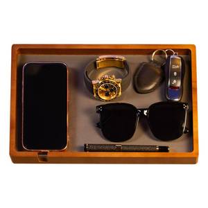 lot 7 image: Shinpuru Wooden Valet Tray for Men, Nightstand Organizer with Leather Inlay, EDC Essentials Catchall Tray for Keys, Phone, Wallet, Watch, Earbuds - Bedside Desk Entryway Tray (Wood-Full) - Retail $23