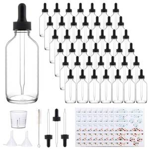 lot 18 image: Comrzor 42 Pack 4oz Clear Glass Bottles with Glass Eye Droppers for Essential Oils, Perfumes & Lab Chemicals (Brush, Funnels, 3 Extra Droppers, 48 Pieces Labels & 30ml Measuring Cup Included) - Retail $37