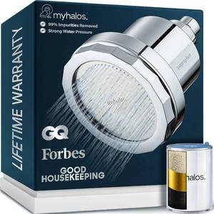 lot 27 image: Pre Owned MyHalos� Filtered Shower Head for Hard Water Filter - High Pressure, Removes Chlorine - Shower Head Filter for Hard Water Softener Showerhead, Easy Install, For Hair & Skin, Filtering (Chrome) - Retail $80