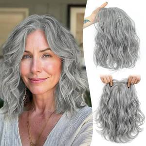 lot 44 image: Ms Taj 11 Inch Short Wavy Salt and Pepper Hair Topper for Women with Thinning Hair, Natural Synthetic Lightweight Hairpiece for Women with 6.5x6.5 Base, Instantly Adds Volume - Retail $37