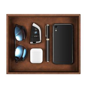 lot 60 image: SITHON Valet Tray Desk Organizer, PU Leather Catchall Bedside Vanity Tray Nightstand Caddy Coin Box Key Jewelry Storage Organizer, Graduation, Brown - Retail $18