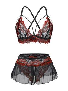 lot 62 image: Foxiny Sexy Mini Skirt with Thong Floral Lace Sheer Bralette Lingerie Set 3 Piece Otufits Women See Through Bra Panty Strappy Black Red Medium - Retail $10