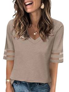 lot 65 image: TICTICMISS Womens V Neck T Shirts Mesh Panel Short Sleeve Tops Casual Summer Tees Brown L - Retail $15