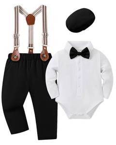 lot 70 image: UEMION Baby Boy Clothes Wedding Outfit Infant Tuxedo Gentleman Suits Dress Shirt Beret Hat Suspender Pants Bowtie (White, 6-12 Months) - Retail $29