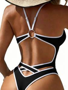 lot 81 image: HYTENSUN One Piece Swimsuit Women Tummy Control Deep V Swim Suits 2026 Cheeky Backless High Cut Thong Bottom Sexy Bathing Suit Monokini Swimwear Cruise Outfit Black White M - Retail $36