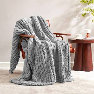 lot 90 image: Am�lie Home Chunky Knit Throw Blanket for Couch, Soft Chenille Handmade Crochet Throw Rope Knit Blanket for Bed, 40x50, Light Grey - Retail $50