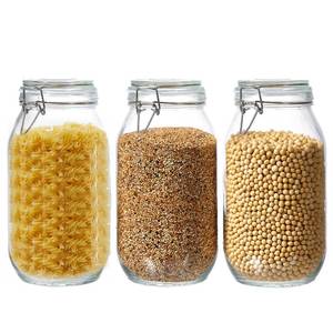 lot 92 image: 3 Pack 68oz Food Storage Jars with Airtight Lids, Preserving Seal Wire Clip Fastening Glass Containers, Canisters for Kitchen Organization, Flour, Cereal, Pasta, Sugar, Beans, Pickling Jars(68 Oz3) - Retail $30