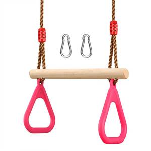 lot 93 image: PELLOR Trapeze Bar Gym Rings -Trapeze Swing Bar for Playground Wooden Swing Set with Adjustable Rope Kit Equipment for Children Adult - Retail $33