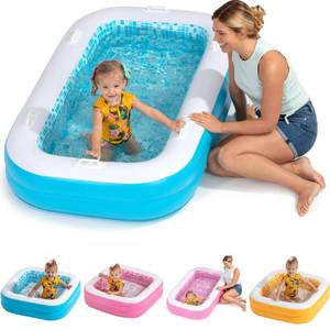 lot 100 image: 3-in-1 Premium Inflatable Kiddie Pool, Ball Pit & Tanning Pool, Soft Cushioned Floor, Handles, Drain, Shallow Rectangular Blow Up Swimming Pool for Kids, Small Backyard Tanning Pool - 65x39x10 - Retail $30