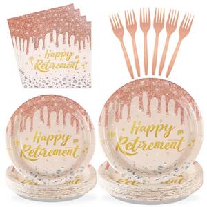 lot 101 image: 96 Pcs Rose Gold Retirement Party Decorations Happy Retirement Plates and Napkins Disposable Tableware Set Rose Gold Diamond Retired Dinnerware for Women Going Away Retirement Party Supplies Serves 24 - Retail $15