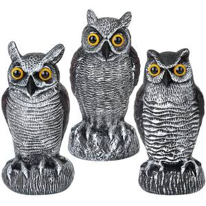 lot 102 image: 3-Pack Owl Decoys for Bird Deterrent - Weatherproof Bird Repellent Devices for Outdoor Use - Plastic Owls to Scare Birds Away and Control Garden Pests - Retail $26