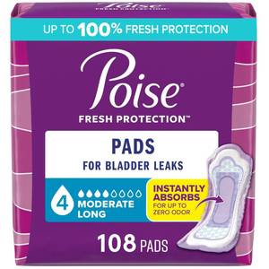 lot 103 image: Poise Incontinence & Postpartum Pads for Bladder Leaks, 4 Drop Moderate Absorbency, Long Length, 108 Count, Packaging May Vary - Retail $30