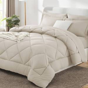 lot 104 image: CozyLux Queen Comforter Set Beige - Bed in a Bag Queen Size 7 Pieces, Luxury Soft Bed Set for All Seasons, Bedding Set with Down Alternative Comforter, Sheets, Pillowcases & Shams - Retail $46