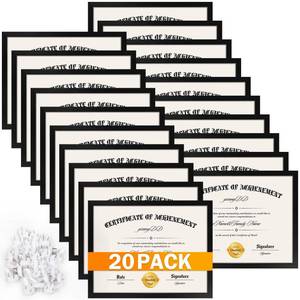 lot 109 image: YixangDD 20 Pack Certificate Frames 8.5 x 11, College Diploma Frame with Clear Plexiglass, Black Degree Document Frame for Wall and Tabletop Display - Retail $39
