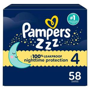 lot 127 image: Pampers, Zzz Overnight Diapers, Size 4 (22-37 lbs), 58 Count - Retail $28