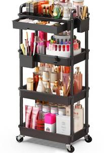 lot 135 image: SUNALLY Makeup Cart Organizer with Drawers, 4 Tier Floor Skincare Organizers for Vanity, Rolling Makeup Bathroom Storage Cart Cosmetics Display Cases for Skin Care Perfume Nail Polish, Black - Retail $30