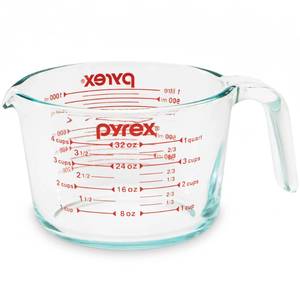 lot 153 image: Pyrex 4-Cup Glass Measuring Cup For Baking and Cooking, Dishwasher, Freezer, Microwave, and Preheated Oven Safe, Essential Kitchen Tools - Retail $14