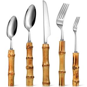 lot 159 image: Eboot Bamboo Silverware Set 188 Stainless Steel Tableware Set Natural Utensil Flatware Kit Spoon Fork Knives Bamboo Handle Cutlery for Kitchen Wedding Home Restaurant Party(Silver,30 Pieces) - Retail $45