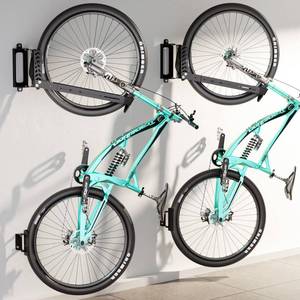 lot 161 image: 2-Pack Swivel Bike Rack Wall Mount, Bike Hangers for Garage, Space-Saving Vertical Bike Holder, Holds up to 77 lbs, Bicycle Wall Hanger Storage, No Heavy Lifting Required Indoor Hanging Bike Rack - Retail $56