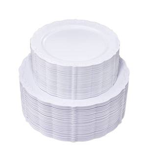 lot 176 image: U-QE 100 Pcs White Plastic Plates - White Disposable Plates - Premium Hard Plastic Disposable Plates for Wedding and Party Use Including 50 Dinner Plates 10  & 50 Dessert Plates 7.5  - Retail $41