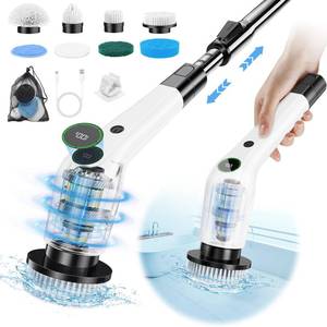 lot 182 image: PUFTEM Electric Spin Scrubber, Cordless Shower Scrubber with 8 Scrub Brush, 2 Speed with Adjustable Extension Handle, Battery Level Display, Power Scrubber for Bathroom Bathtub Tile Floor (Black) - Retail $27