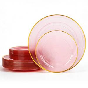 lot 183 image: QualQuot 120PCS Pink Plastic Plates with Gold Rim, Heavy Duty Disposable Plate, Fancy and Elegant Circular Ribbed 60 Dinner and Dessert Plates for Party, Weddings - Retail $37