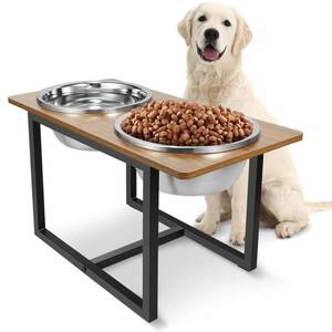 lot 185 image: Spacnom Elevated Dog Bowls for Large Dogs, Raised Dog Bowl Stand with Two X-Large Stainless Steel Bowls for Dogs, 3.5L Capacity, Rustic Walnut - Retail $30