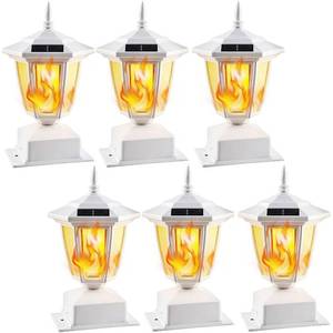 lot 187 image: Dynaming 6 Pack Solar Flame Post Lights Outdoor, Solar Powered Lamps Fence Post Cap Lights, Flickering Flame LED Lantern Waterproof for Garden Deck Patio, Fit 4x4, 5x5 6x6 Wooden Posts, White Shell - Retail $51
