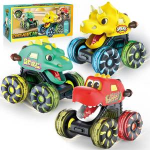 lot 982 image: OMAKCOO 3 Pack Dinosaur Monster Truck Toys with Light-Up LED Wheels for Toddlers Kids - Retail $20