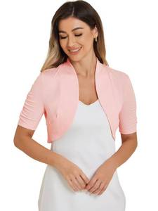 lot 996 image: Allegra K Short Sleeve Shrugs for Womens Ruched Sleeve Open Front Cropped Bolero Cardigan Medium Pink - Retail $26