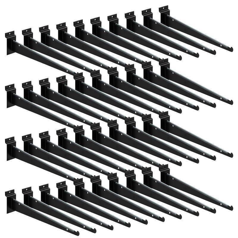 lot 63795 image: 36pcs 12 Inch Slatwall Shelf, Heavy Duty Slat Wall Shelf Brackets with Lip Floating Slatwall Accessories for Garage Slat Panels Shelving Display (Black) - Retail $60