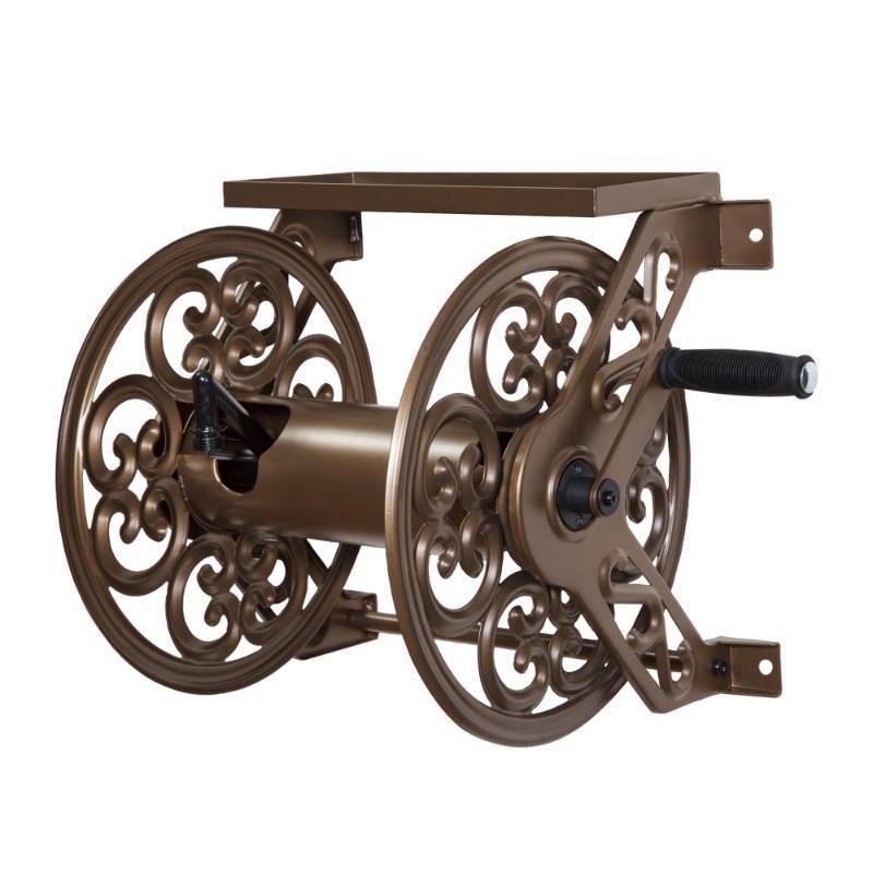 lot 63827 image: Liberty Garden 708 Steel Decorative Wall Mount Garden Hose Reel, Holds 125-Feet of 58-Inch Hose - Bronze - Retail $125