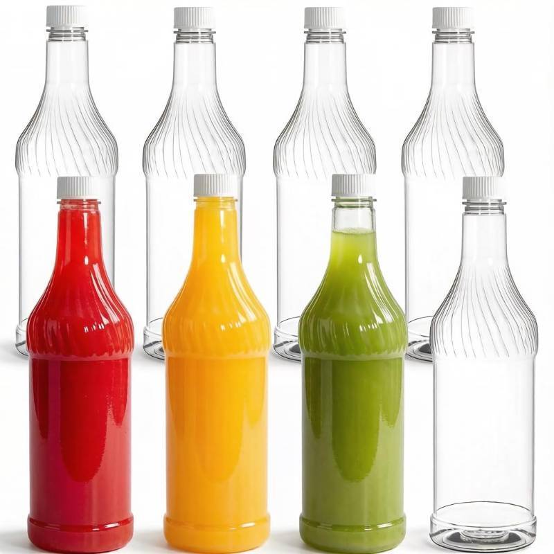 lot 63814 image: 8 Pack 33 oz Plastic Soda Bottles with Caps, 1L Reusable Empty Clear PET Juice Container, Disposable Wine Bottles with White Lid for Drinking Beverage Water Liquor Beer Milk Smoothies - Retail $25