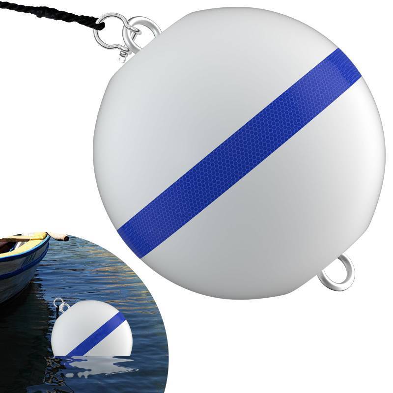 lot 63843 image: 12 Mooring Buoy, White Ball Boat Buoy with Reflective Blue Stripe, Includes D-Shackle and Rope for Boat Anchoring and Water Marking - Retail $110