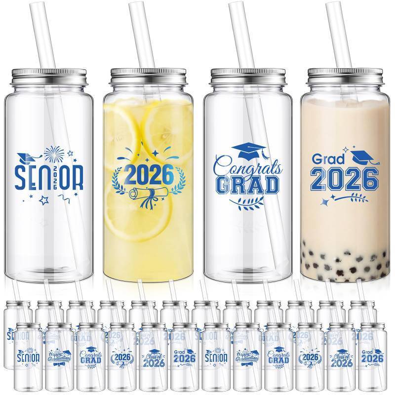 lot 58643 image: 24 Pcs Graduation Gifts 13.5 oz Class of 2026 Plastic Cups with Lid and Straws Bulk Senior Mason Jars Bottles Reusable Tumblers for College Congrats Graduate Party Supplies (Blue) - Retail $28