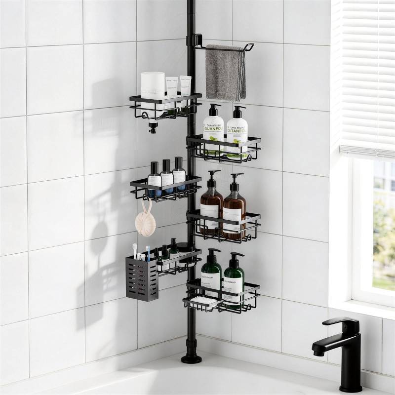 lot 58696 image: Shower Caddy Organizer Tension Pole, Rustproof 6-Pack Corner Shelf with 30-120 Inch Adjustable Shower Rack for Inside Shower, Extra Towel Bar & Soap Dish for Bathroom Organizers and Storage, Black - Retail $43