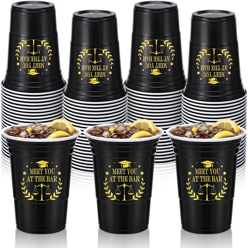 lot 58743 image: 100 Pcs Law School Graduation Plastic Cups Bulk Party Supplies Meet You at The Bar Black Gold Disposable Plastic Cups for Law School Criminal Justice Lawyer Grad Grade, 16OZ