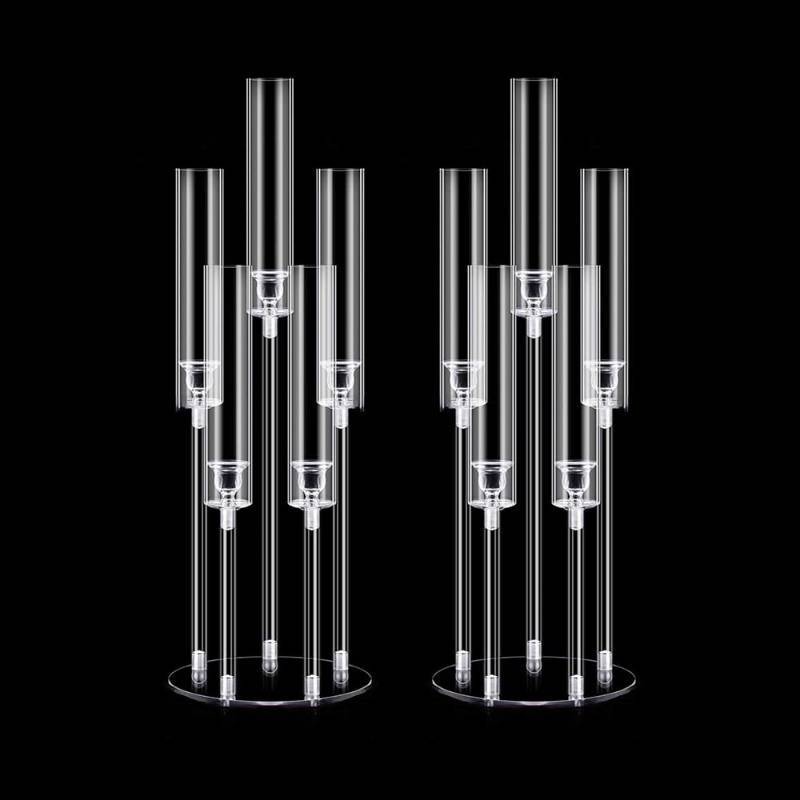 lot 46784 image: 2Pcs Acrylic Candelabra Centerpieces for Wedding 5 Arm Clear Candle Candlesticks Holders 25.5 Tall Crystal Taper Candlestick with Shade Fit 0.87 Led Candle for Christmas Party Home Decor - Retail $38