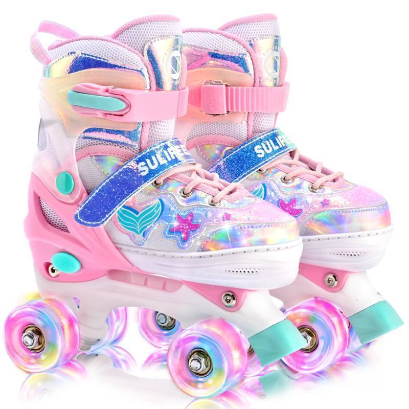 lot 46809 image: Roller Skates for Girls Kids with Light Up Wheels, Adjustable 4 Sizes for Little Kids Toddler Beginner Rollerskates - Retail $40