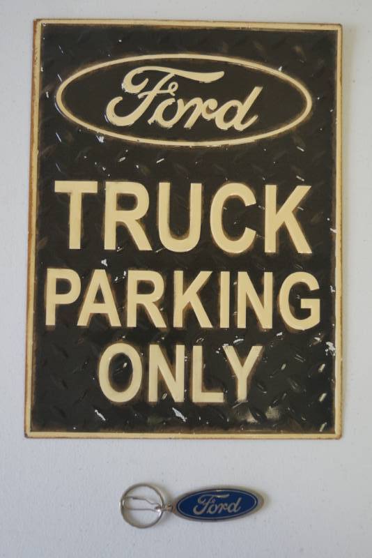 lot 71 image: Metal Ford Truck Parking Only Sign With Bonus Key Chain-   Time To Bid  DAVE