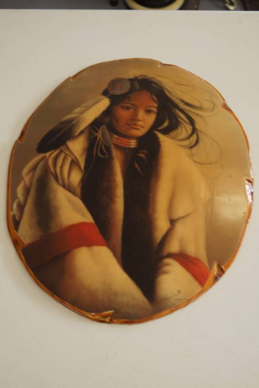 lot 183 image:  Vintage Native American Woman - Oval Wooden Wall Plaque 