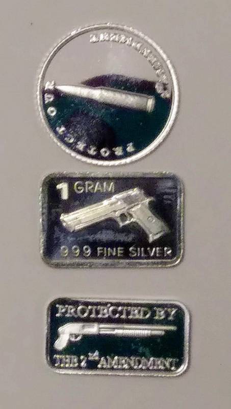 lot 242 image: Protect Our 2nd Amendment  Lot of 3  1 Gram .999 Pure Silver  Rifle, Pistol, Bullet Round 22LR Riffle
