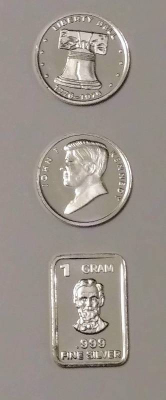 lot 243 image:  Lot of 3  1 Gram .999 Silver  Lincoln, Kennedy, & The Liberty Bell