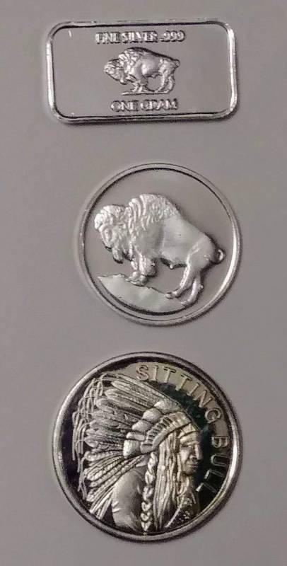lot 244 image: Lot of 3  1 Gram .999 Silver  Sitting Bull & 2 Buffalo