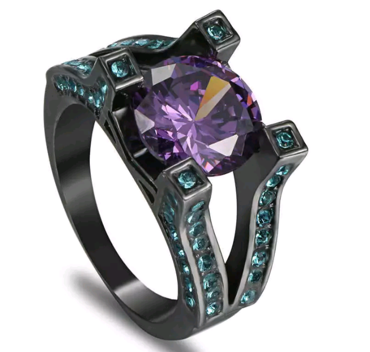 lot 267 image: Size 8  Purple Amethyst  Black Rhodium Plated Ring
