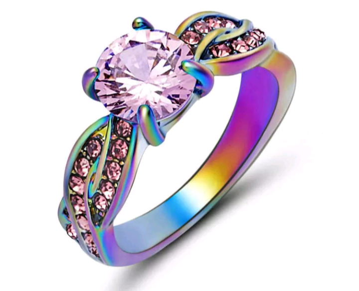 lot 261 image: () LOOK Pink Zircon Rainbow Rhodium Plated Ring  Size - 8